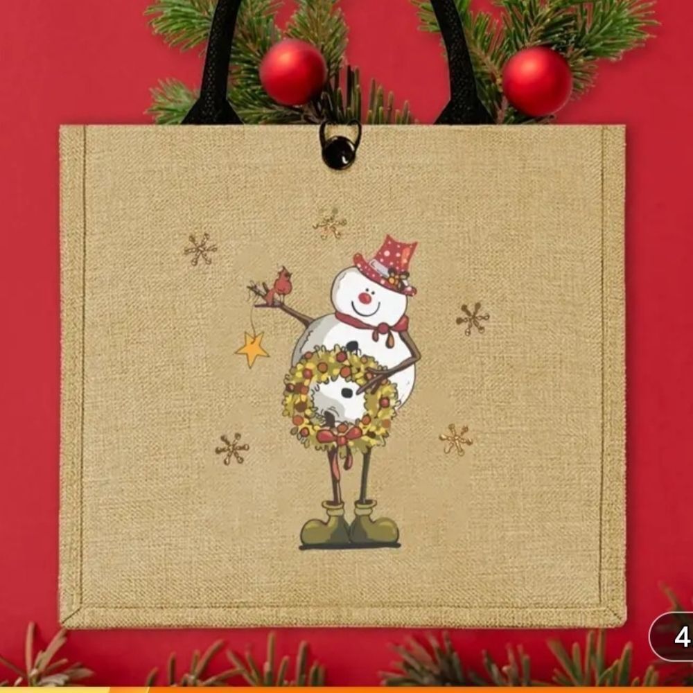 Festive Snowman Jute Tote Bag - Tan - Picture 2 of 7